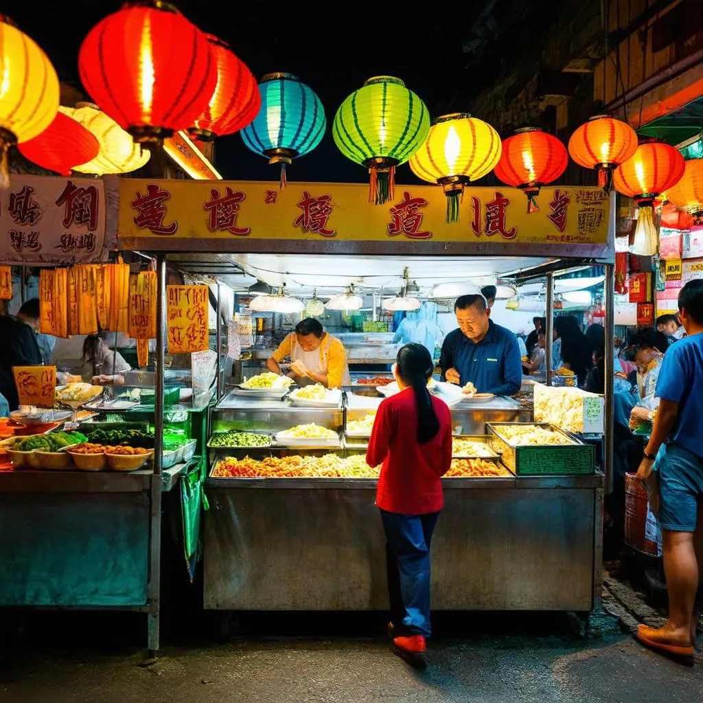 A vibrant and bustling street food stall in Vietnam, with colorful ingredients on display and locals enjoying their meals